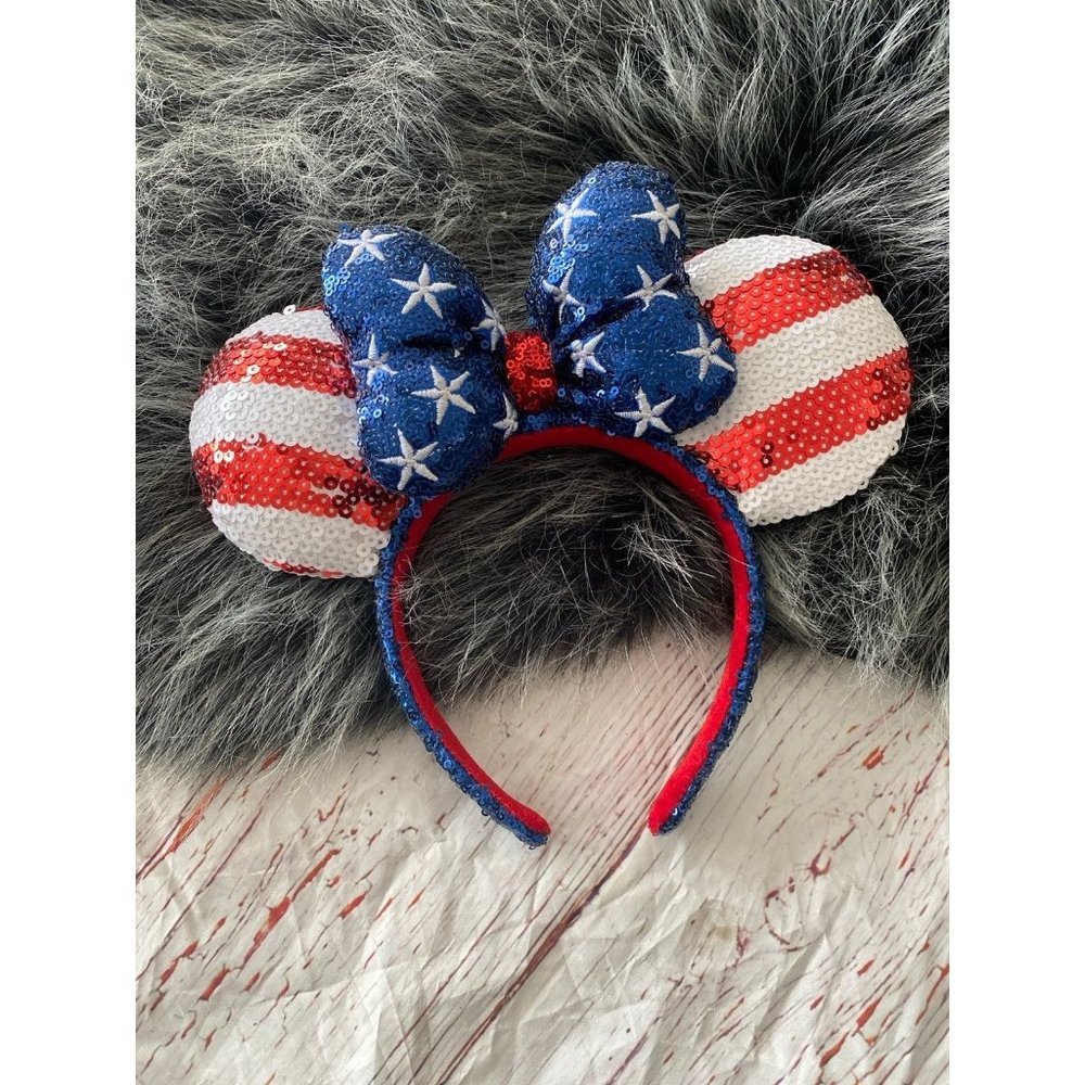 Disney  DISNEY SEQUIN PATRIOTIC MOUSE EARS ICON FLAG BOW RED WHITE BLUE